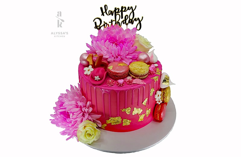 Pink Drip with Flowers and Macaroons